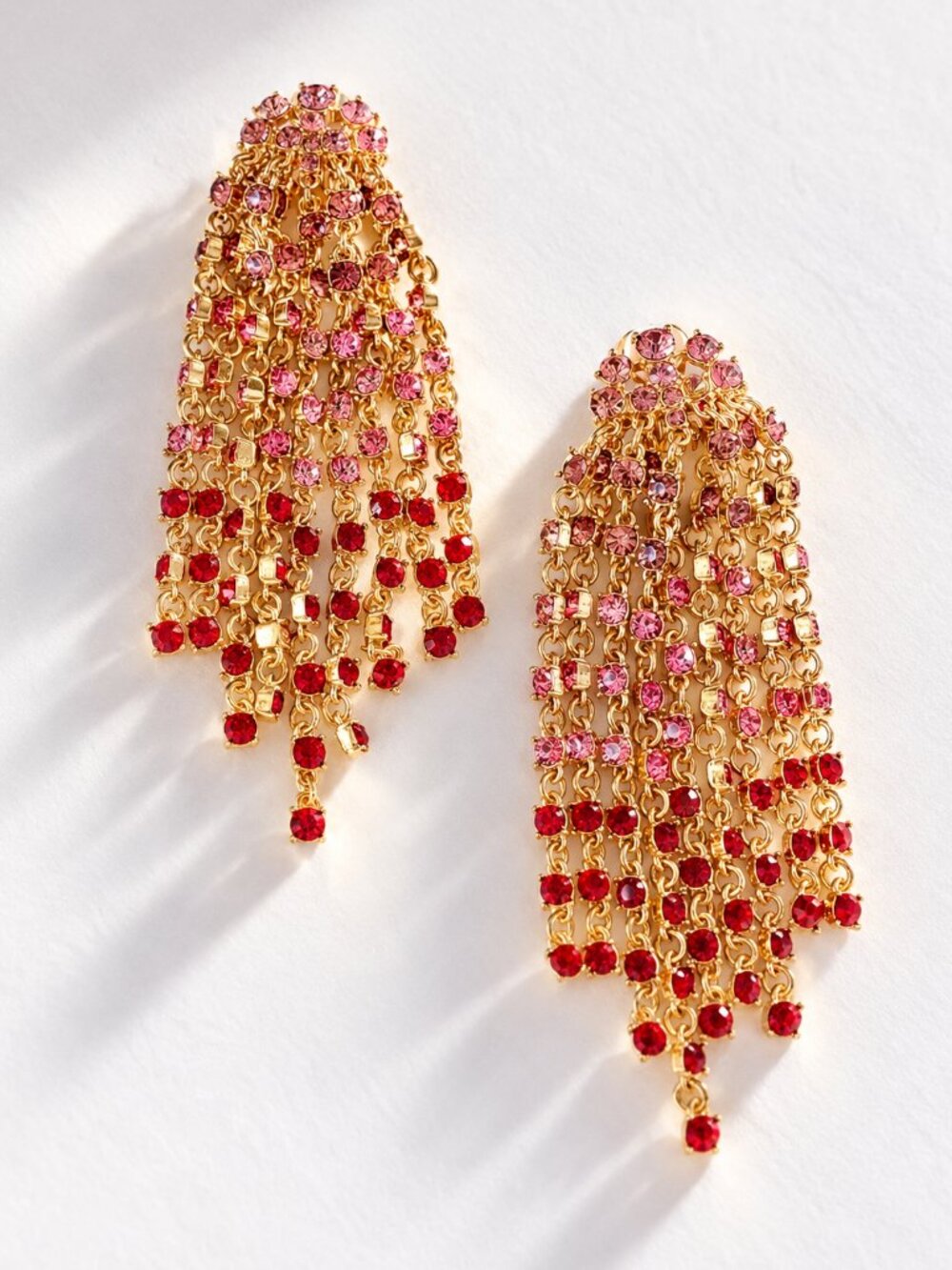 Oscar de la Renta Pink Red Crystal Tassel Statement Earrings